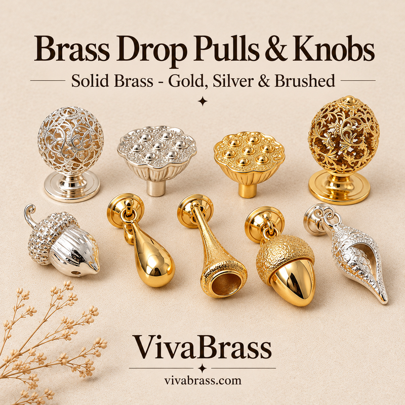 Brass Drop Pulls & Novelty Knobs – Teardrop, Acorn, Conch Shell, Lotus Pod & Filigree Ball Cabinet Knobs, PVD Gold, Silver or Brushed Brass
