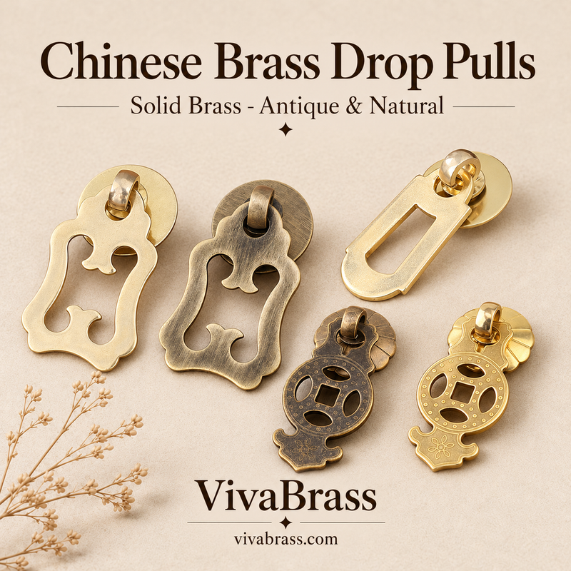 Chinese Style Solid Brass Drop Pulls – Ring, Scroll, Shield, Ruyi, Fretwork & Coin Drawer Pulls for Apothecary Cabinets, Antique or Natural Brass