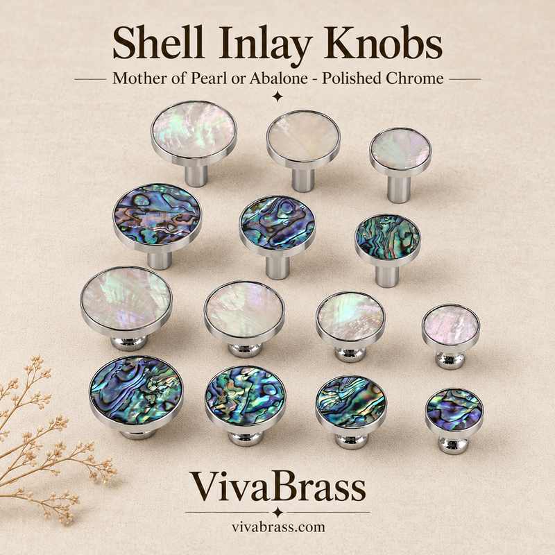 Brass Knobs with Natural Shell Inlay – Mother of Pearl or Abalone Cabinet & Drawer Knobs, Polished Chrome, 22–37 mm