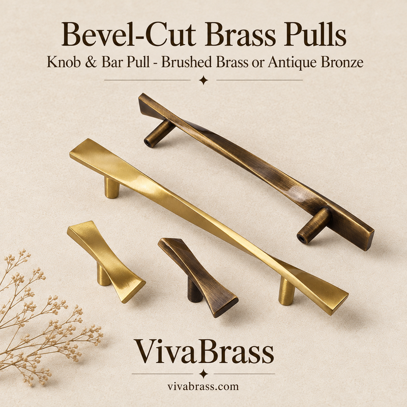 Bevel-Cut Solid Brass Knob & Bar Pull – Modern Sculptural Cabinet Handle, Brushed Brass or Antique Bronze