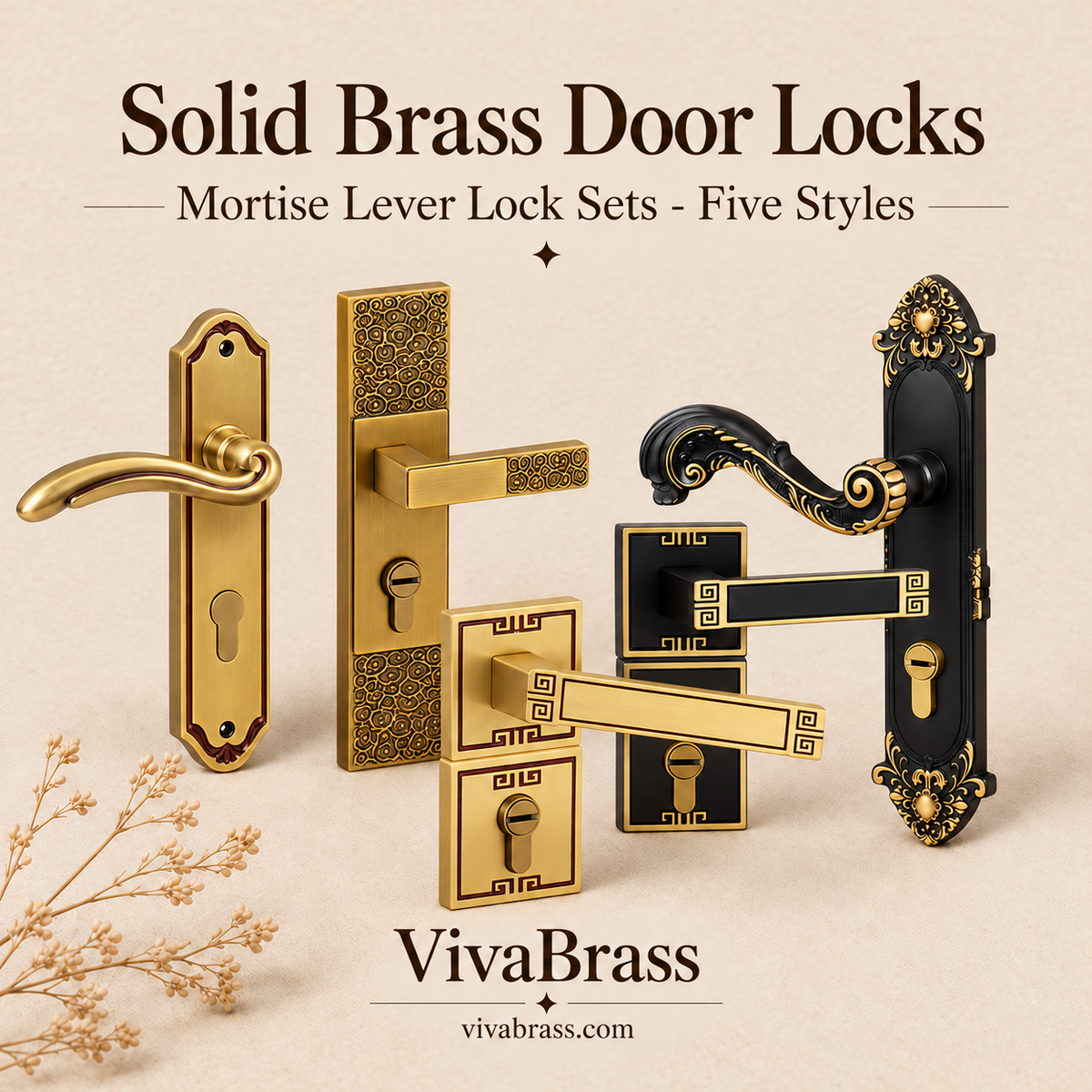Solid Brass Mortise Door Lock Set – Chinese-Inspired Lever Door Locks, Rose Gold, Antique Brass or Black Antique, Left or Right Hand